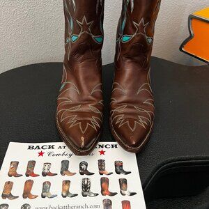 Rocketbuster Custom Cowboy Boots Women’s Size 8.5 Brown Leather Inlay Turquoise